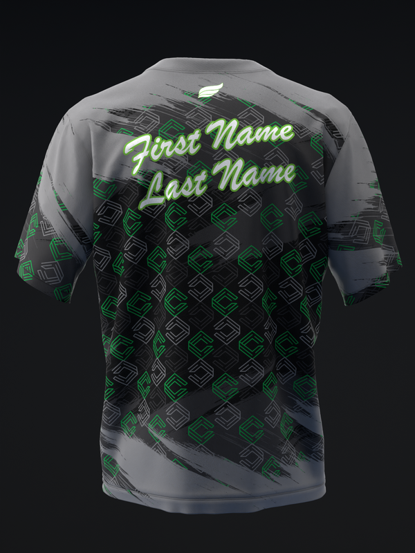 Black bowling jersey with green geometric pattern and neon green personalized name text back view
