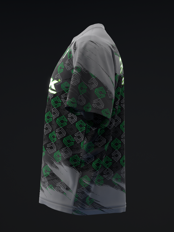 Black bowling jersey with green and gray geometric diamond pattern, back view