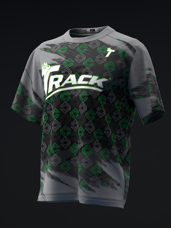 Black and gray bowling jersey with green geometric pattern and white Track logo on front
