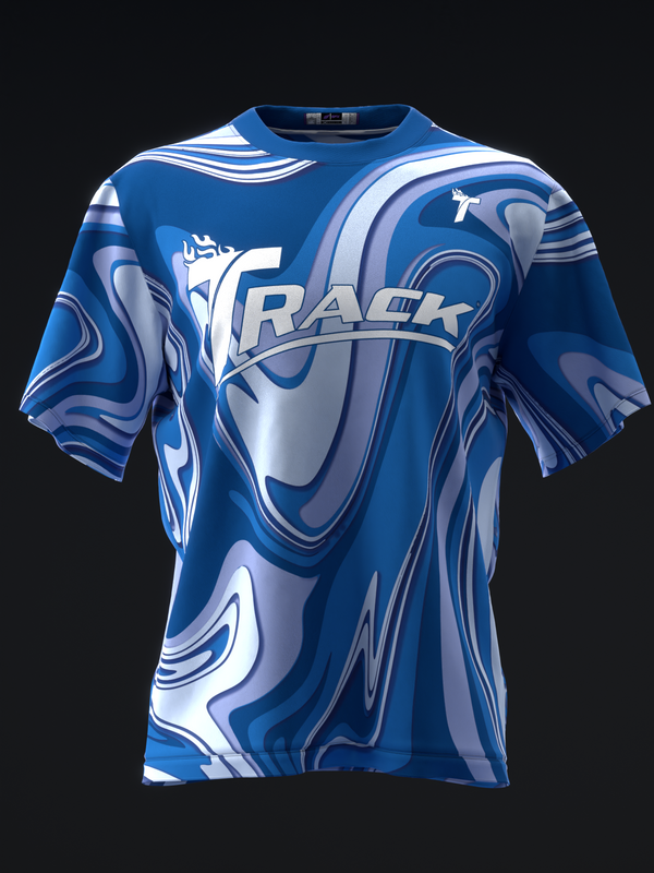 Blue and white bowling jersey with abstract swirl pattern and Track logo front view