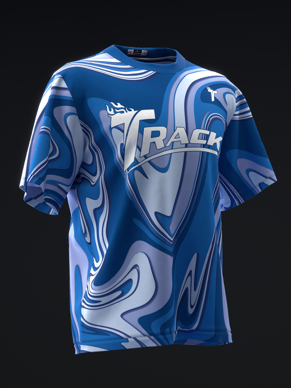 Blue bowling jersey with white swirled pattern and Track Cypher graphic, front view