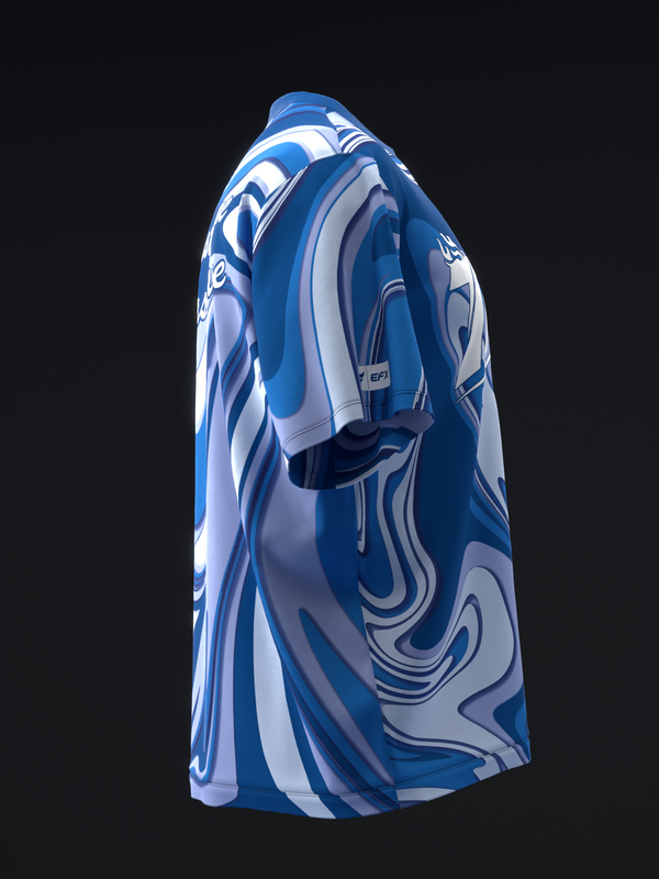 Blue and white bowling jersey with abstract wavy swirl pattern, back view