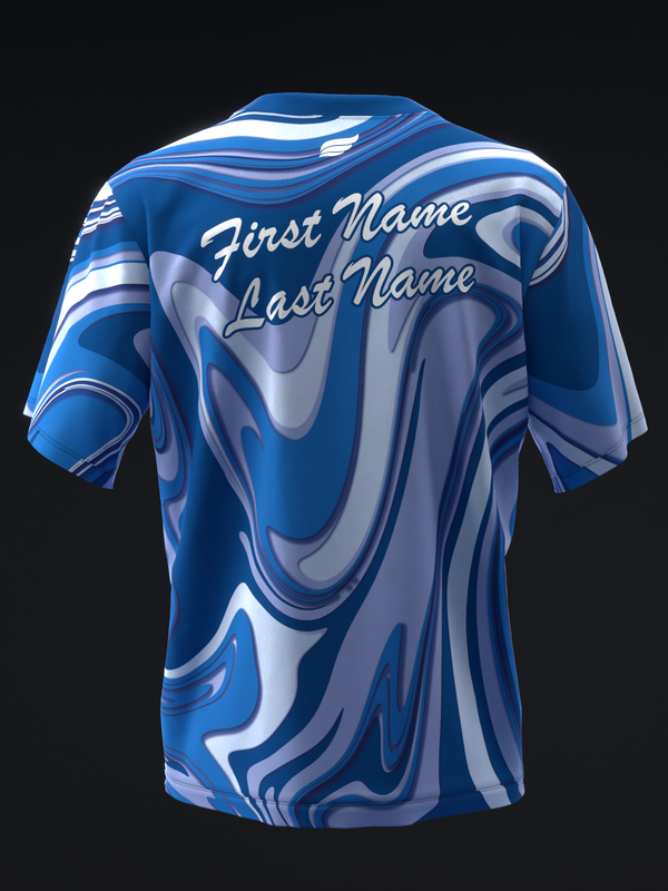 Blue bowling jersey with white swirled pattern and personalized name placement