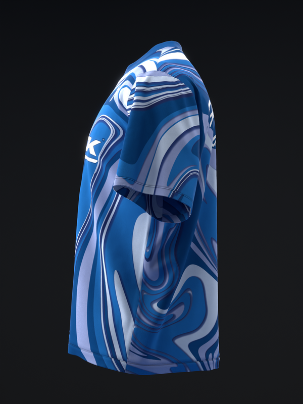 Blue bowling jersey with swirled white and gray abstract pattern, side view