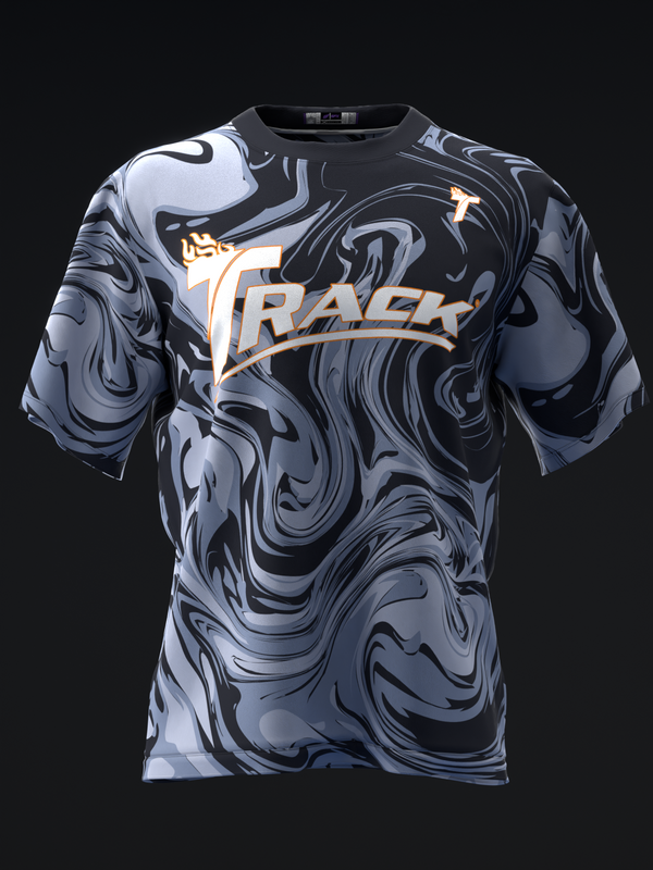 Black and gray marbled bowling jersey with Track logo and orange accents, front view