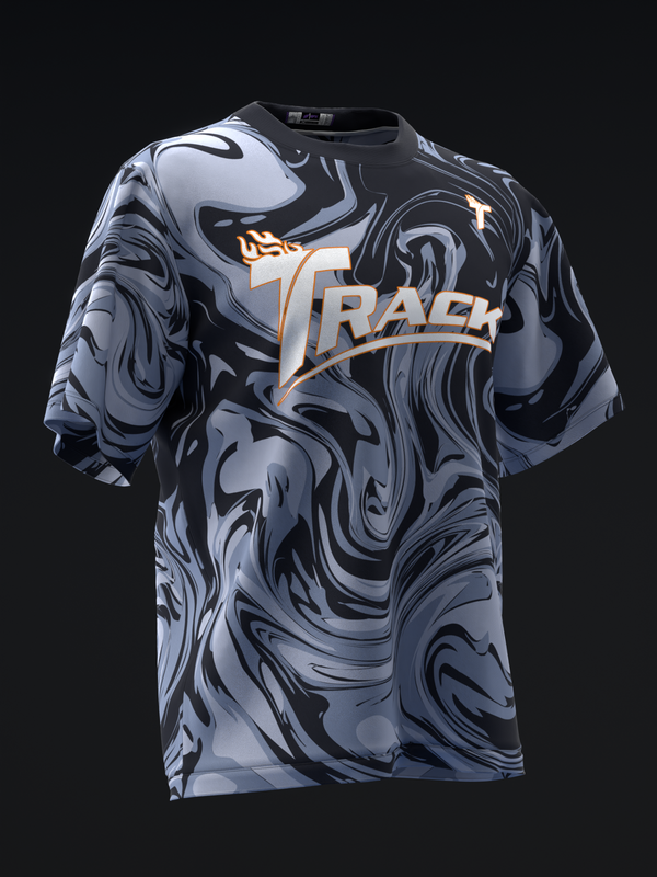 Black and gray marble swirl bowling jersey with Track graphic and orange text