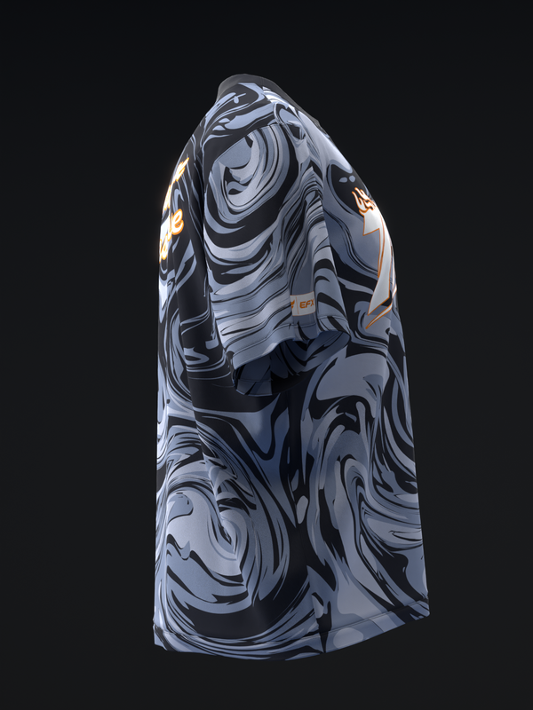 Black and gray swirled bowling jersey with orange EFX branding detail, side view
