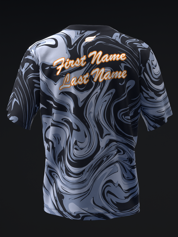 Black and gray marble swirl bowling jersey with customizable orange name text, back view