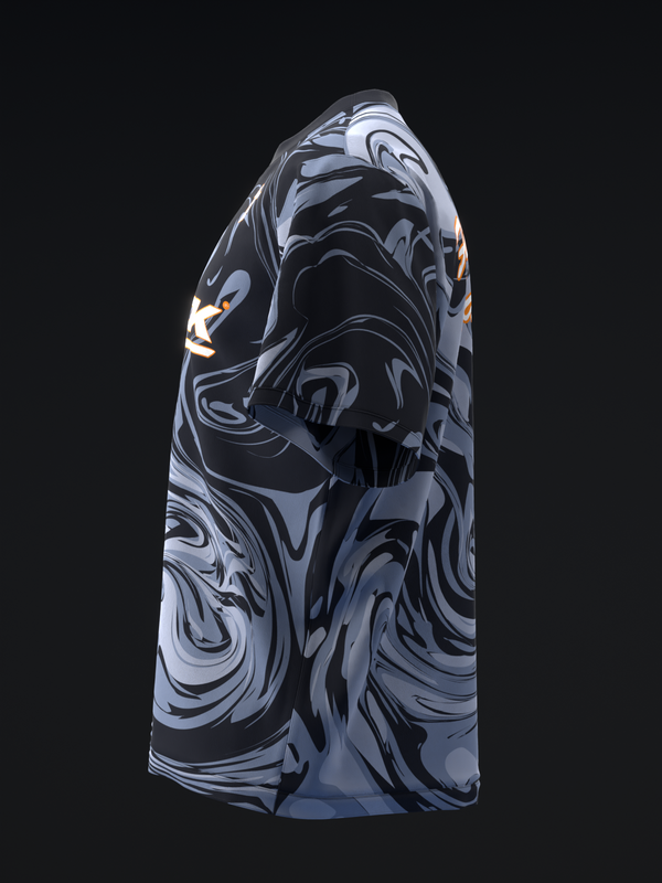 Black and gray marbled swirl pattern bowling jersey, side view