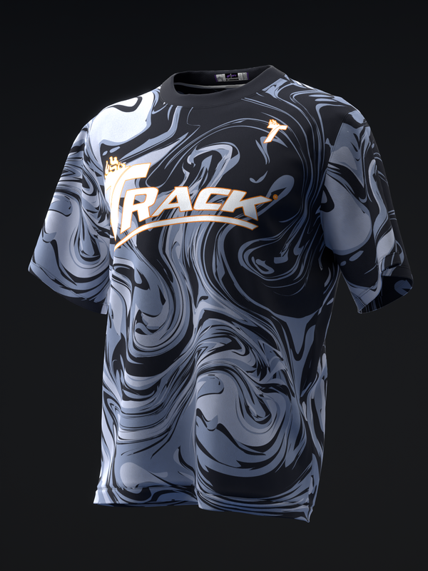 Black and gray swirled bowling jersey with gold Track logo on front