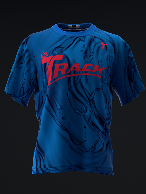Blue bowling jersey with red Track logo and dark abstract pattern throughout