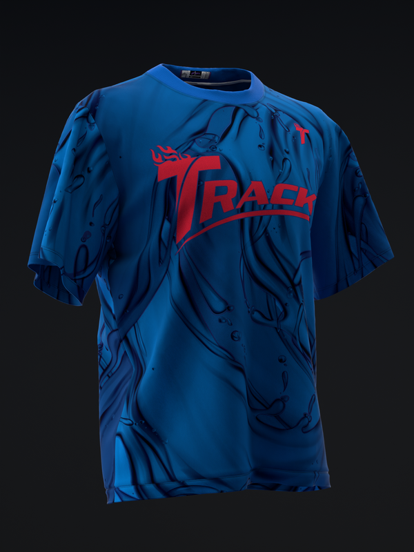Blue bowling jersey with red Track logo and dark swirl pattern, front view