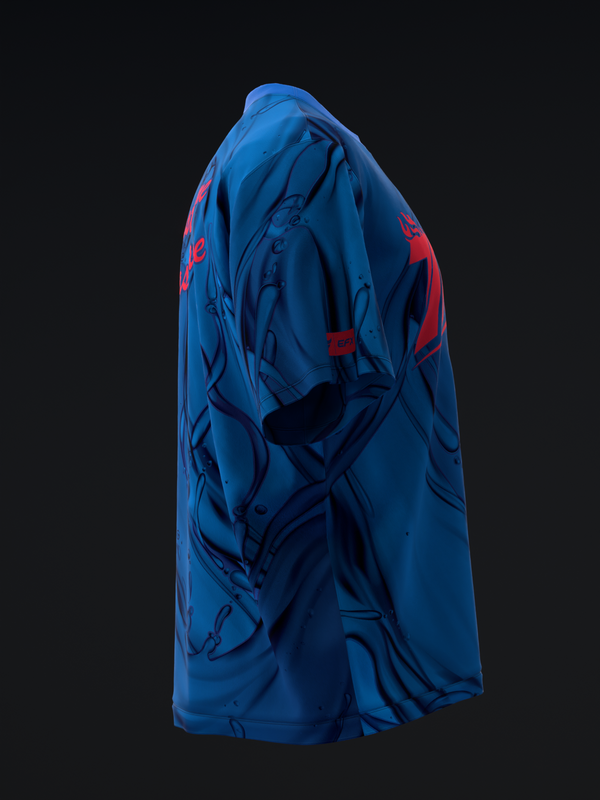 Blue bowling jersey with dark abstract lines and red accents, back view