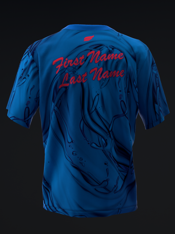 Blue bowling jersey back view with red personalization text and dark abstract graphic