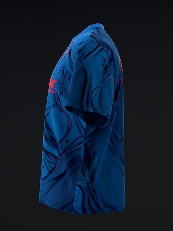 Blue bowling jersey with dark navy abstract design and red shoulder accents, side view