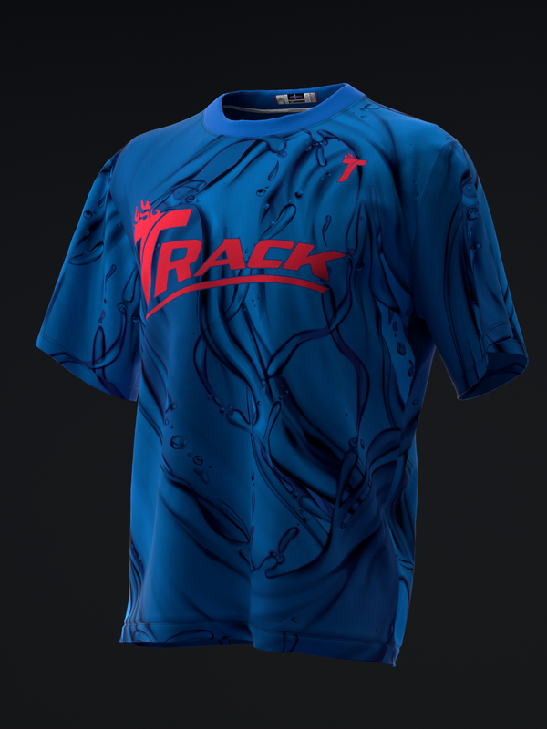 Blue bowling jersey with red track logo and dark abstract pattern throughout