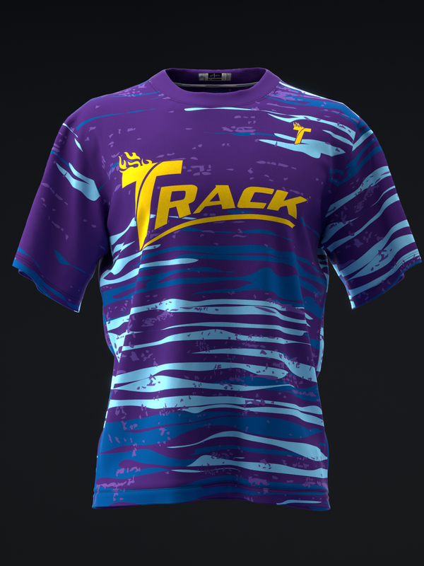 Purple bowling jersey with horizontal stripes and yellow Track logo graphic