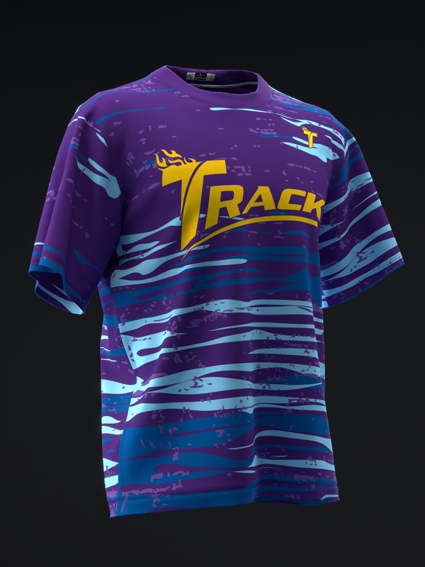 Purple bowling jersey with cyan stripes and yellow Track graphic on front