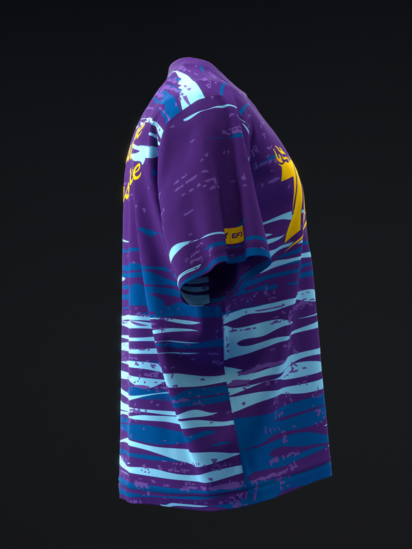 Purple bowling jersey with blue and white horizontal stripes, side view