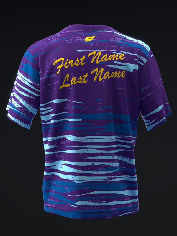 Purple bowling jersey back with cyan stripes and gold personalized text