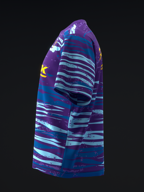 Purple bowling jersey with cyan and blue horizontal stripes and yellow accents, side view
