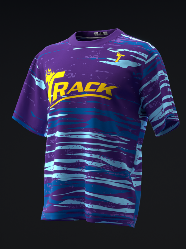 Purple bowling jersey with yellow Track logo and blue striped pattern, front view