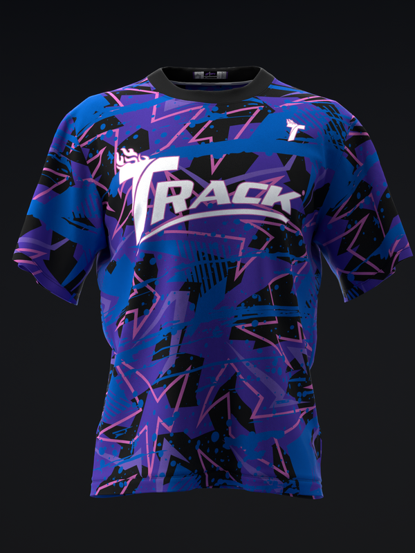 Blue and purple bowling jersey with abstract geometric pattern and Track logo