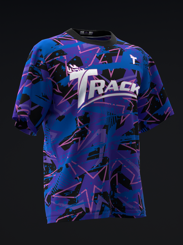 Blue bowling jersey with purple abstract geometric pattern and Track logo
