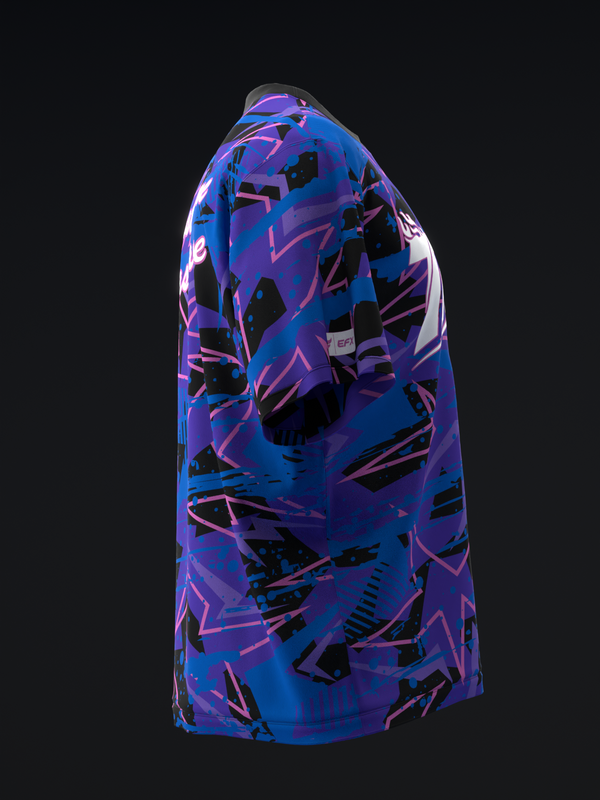 Blue and purple bowling jersey with abstract geometric pattern and black accents