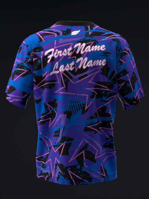 Blue and purple bowling jersey with abstract geometric pattern and personalization text