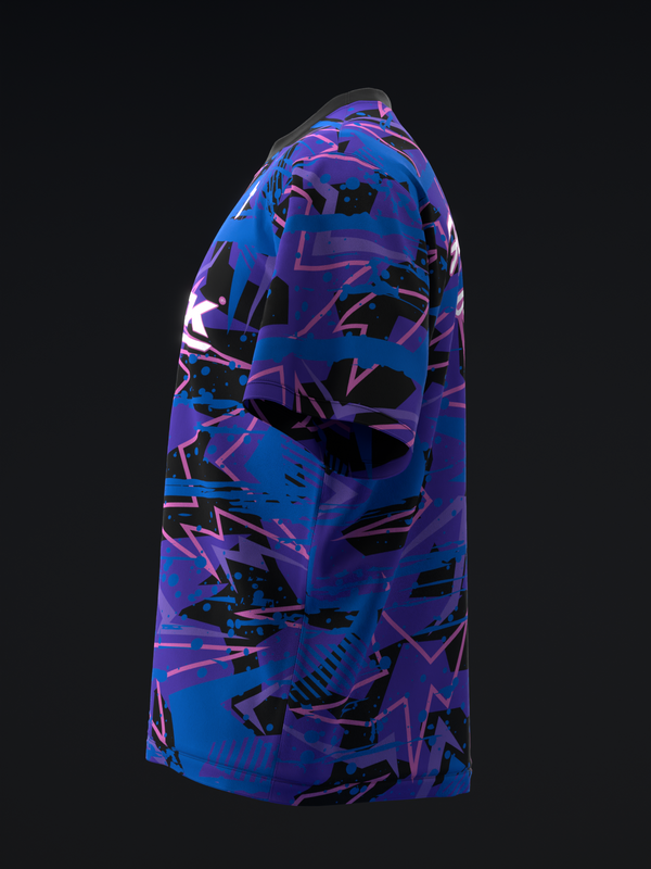 Blue bowling jersey with purple and black geometric pattern, side view