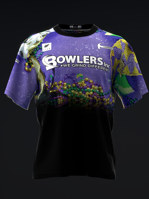 Black and purple bowling jersey with colorful mardi gras carnival graphic design, front view
