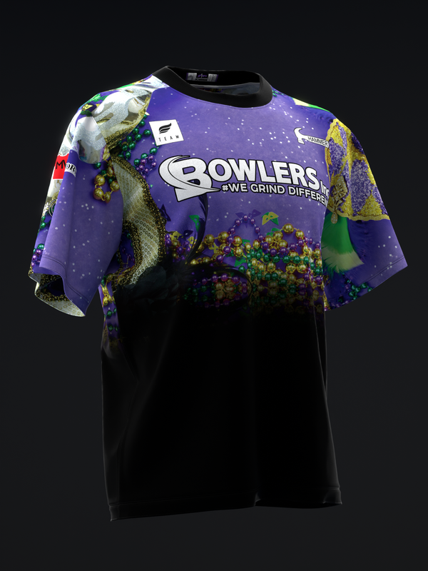Purple bowling jersey with Bowlers graphic, black lower body, colorful carnival design