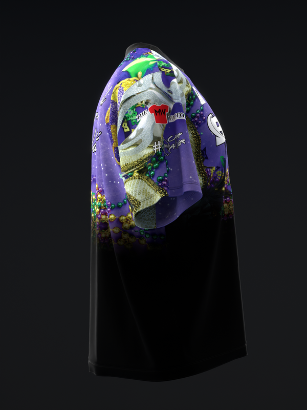 Purple and black bowling jersey with Mardi Gras carnival mask graphic design