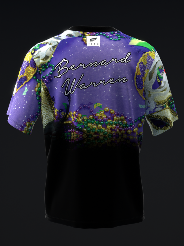 Purple and black bowling jersey with fish graphic and Bernard Warren text front view