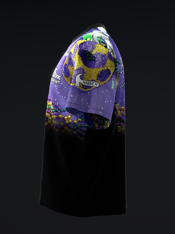 Purple and black bowling jersey with gold and yellow splatter design detail