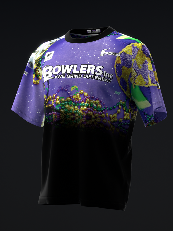 Purple and black bowling jersey with Mardi Gras themed graphic design, front view