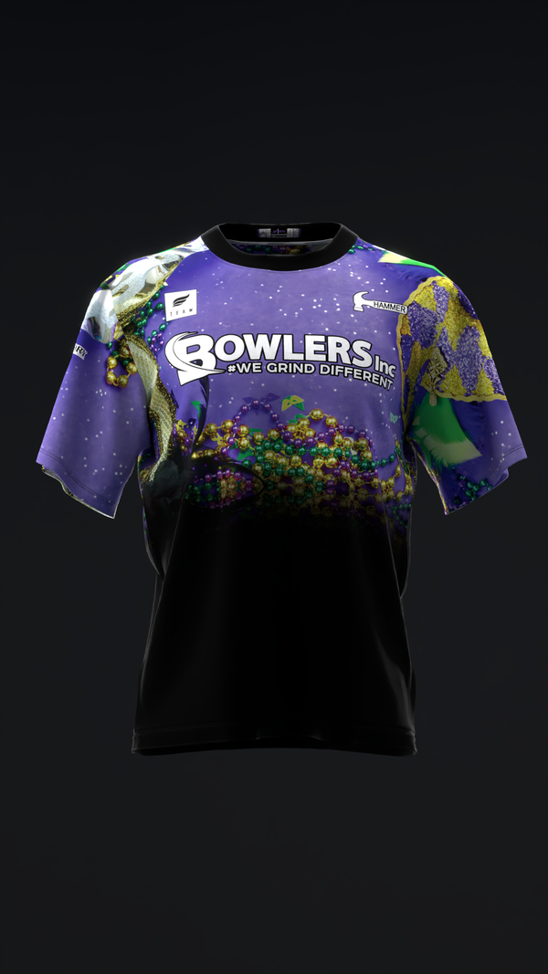 Black and purple bowling jersey with colorful Mardi Gras design, front view