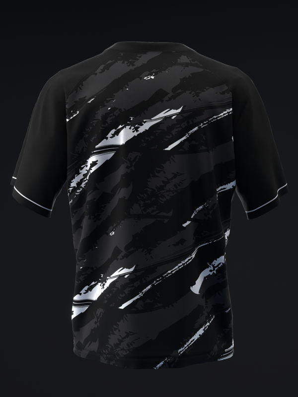 Black bowling jersey with white diagonal brushstroke graphic design, front view