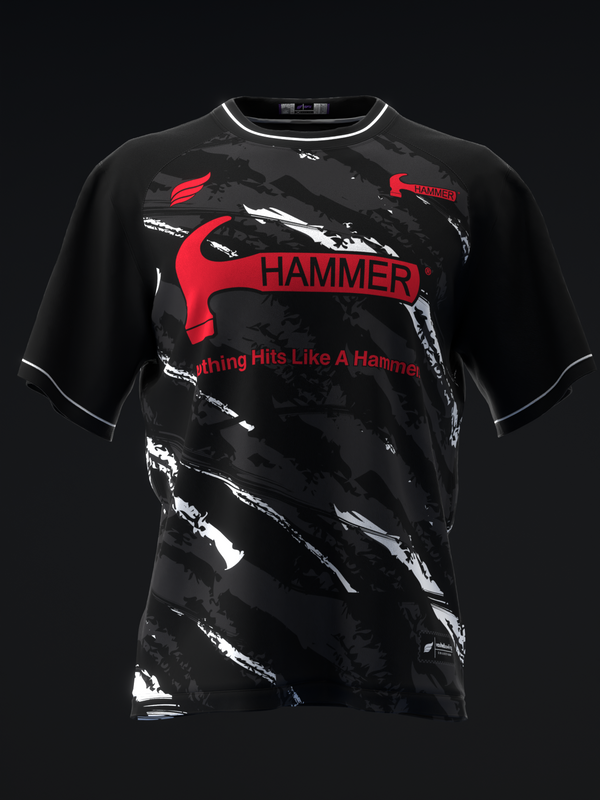 Black bowling jersey with red hammer logo and white paint splatter design, front view
