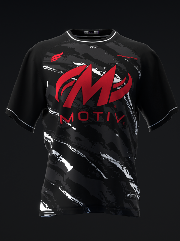 Black bowling jersey with red Motiv logo and white brushstroke design, front view