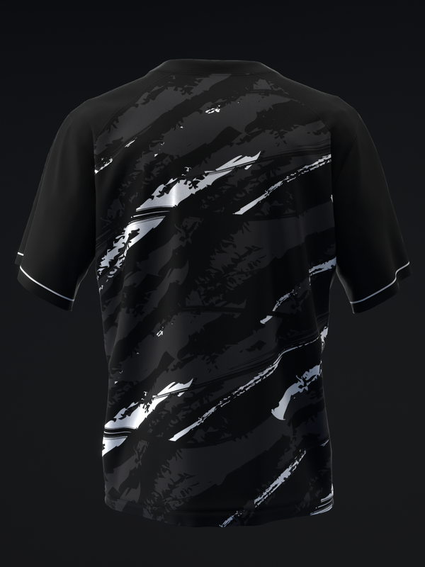 Black bowling jersey with white diagonal brushstroke graphic design, front view