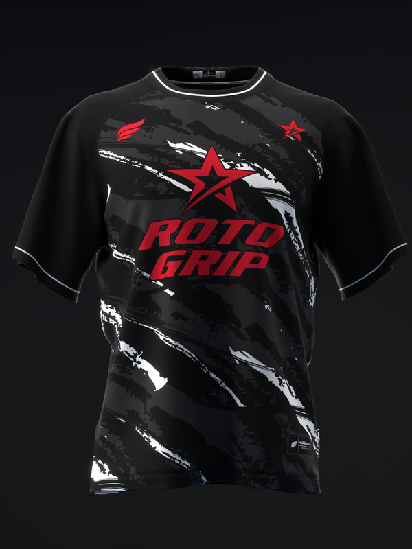Black bowling jersey with red Roto Grip logo and abstract white brushstroke design