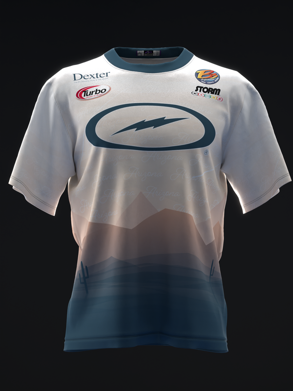 White and teal bowling jersey with Storm logo and lightning bolt graphic, front view