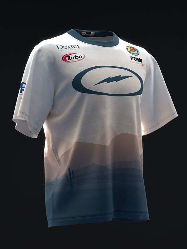 White and teal bowling jersey with lightning bolt logo and sponsor patches