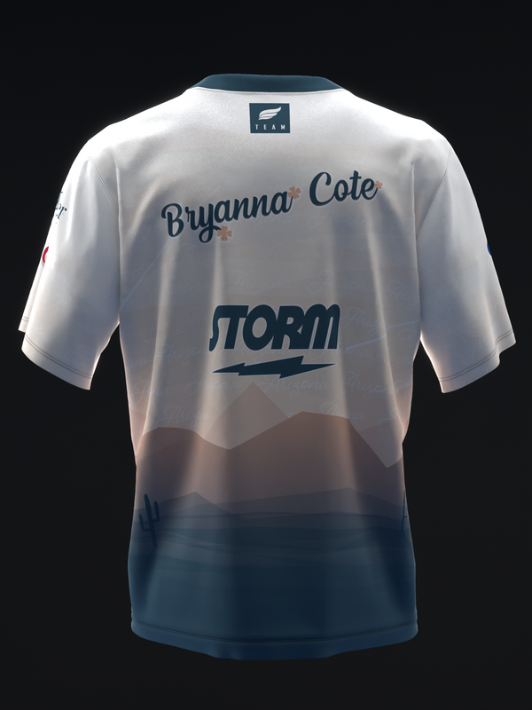 White and teal bowling jersey with gradient sunset design and Storm logo back view