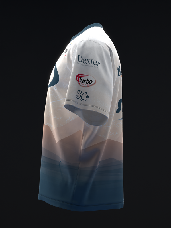 White bowling jersey with Dexter and Turbo logos, gradient blue hem detail