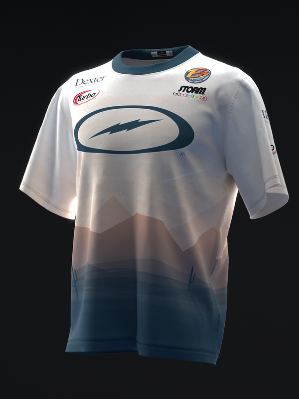 White bowling jersey with teal gradient fade and oval logo, front view