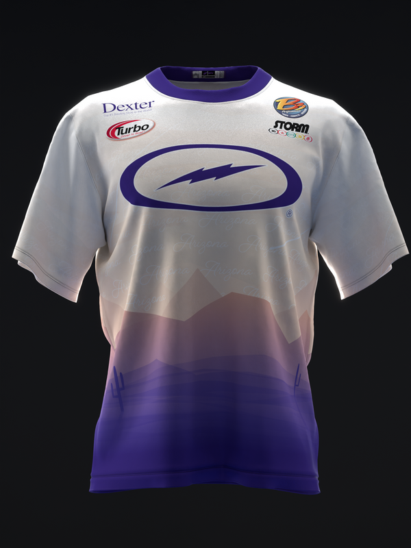 White and purple ombre bowling jersey with lightning bolt logo and sponsor patches