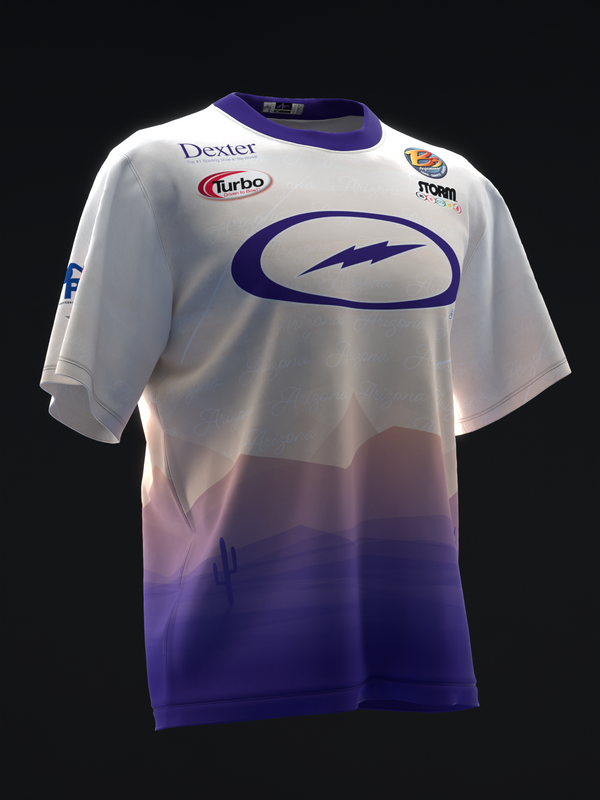 White and purple ombre bowling jersey with lightning bolt graphic and sponsor logos